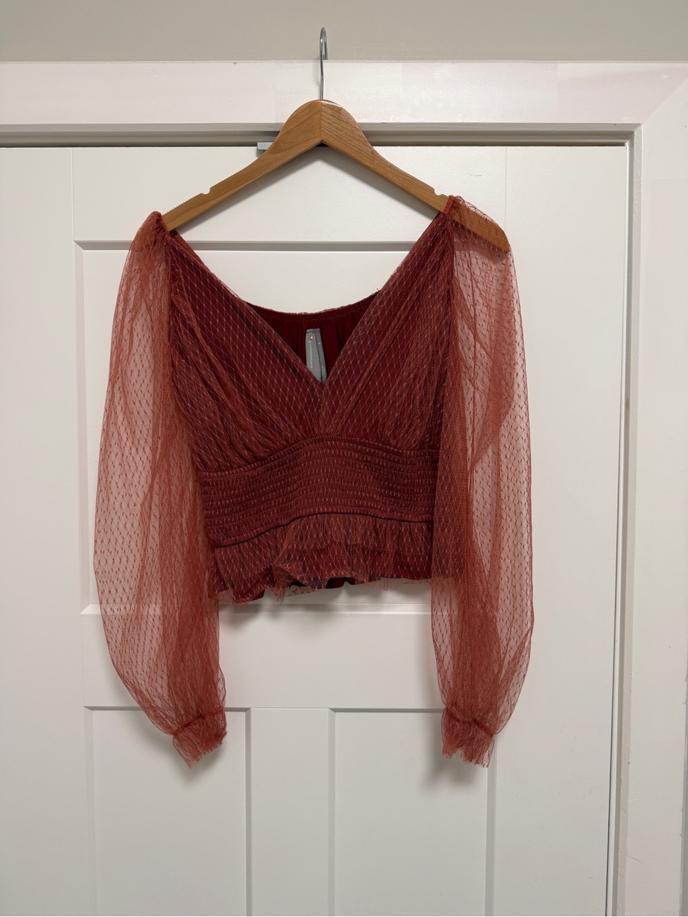 Anthropologie Sheer Puff Sleeve Crop Blouse - Maroon